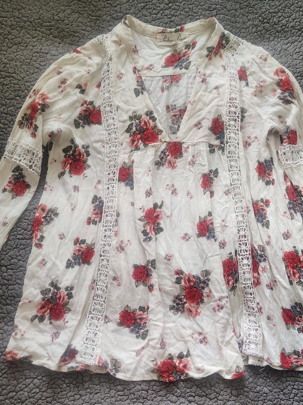 White Floral Lace-Trim Peasant Blouse